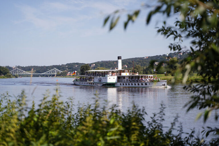 Die Weiße Flotte Sachsen GmbH, auch Sächsische Dampfschifffahrt oder Weiße Flotte, mit der Zentrale in Dresden, ist mit ihren neun historischen Schaufelraddampfern die älteste und größte Raddampferflotte der Welt. Foto: Tommy Halfter (DML-BY) -- The Weiße Flotte Sachsen GmbH, also known as Sächsische Dampfschifffahrt or White Fleet, with its headquarters in Dresden, is the oldest and largest paddle steamer fleet in the world with its nine historic paddle steamers. Photo: Tommy Halfter (DML-BY)